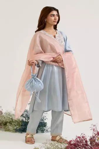 Blue embroidered tissue kurta set with dupatta