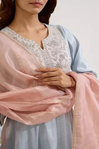 Blue embroidered tissue kurta set with dupatta