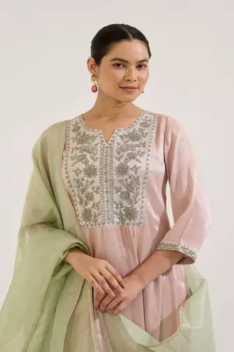 Pink embroidered tissue kurta set with dupatta