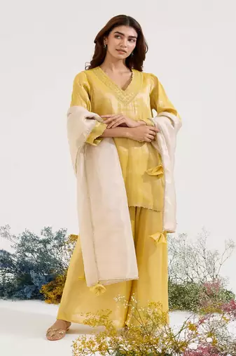 Mustard embroidered tissue kurta set with dupatta