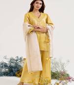 Mustard embroidered tissue kurta set with dupatta