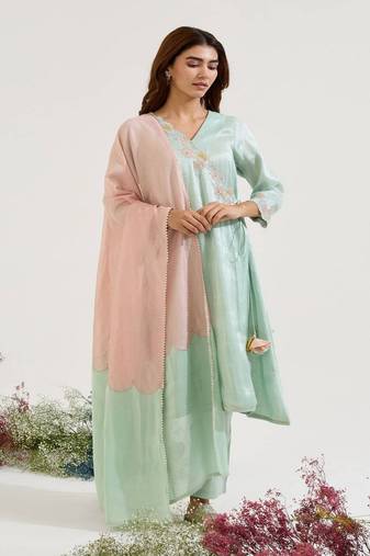 Mint green embroidered tissue kurta set with dupatta