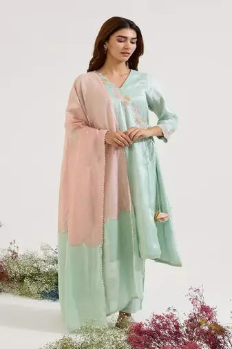 Mint green embroidered tissue kurta set with dupatta