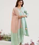 Mint green embroidered tissue kurta set with dupatta