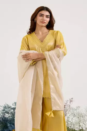 Mustard embroidered tissue kurta set with dupatta