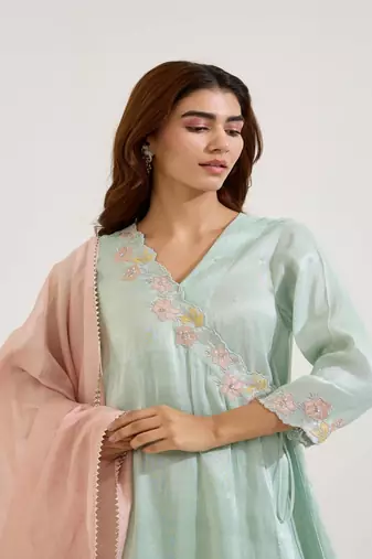 Mint green embroidered tissue kurta set with dupatta