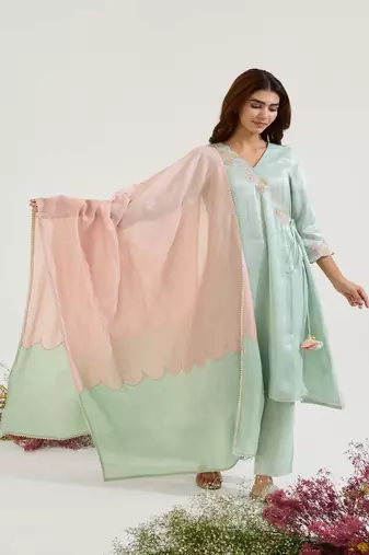 Mint green embroidered tissue kurta set with dupatta