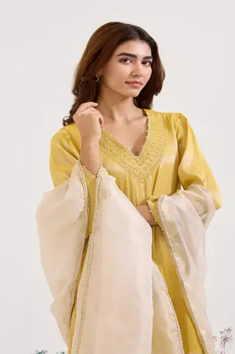 Mustard embroidered tissue kurta set with dupatta