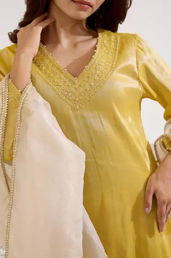 Mustard embroidered tissue kurta set with dupatta