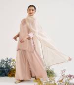 Pink embroidered tissue kurta set with dupatta