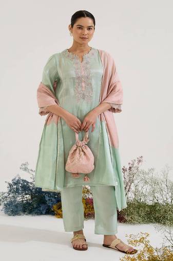 Mint green embroidered tissue kurta set with dupatta