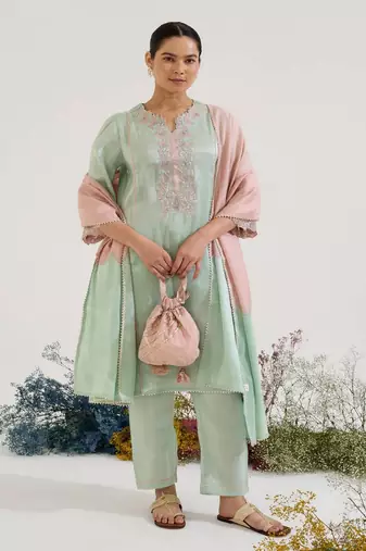 Mint green embroidered tissue kurta set with dupatta