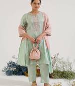 Mint green embroidered tissue kurta set with dupatta