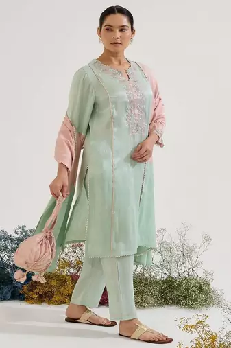Mint green embroidered tissue kurta set with dupatta