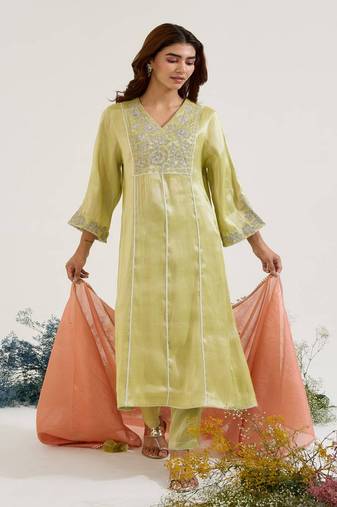 Lime embroidered tissue kurta set with dupatta