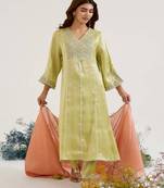 Lime embroidered tissue kurta set with dupatta