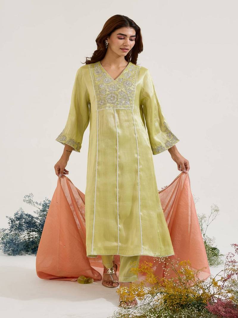 Lime embroidered tissue kurta set with dupatta