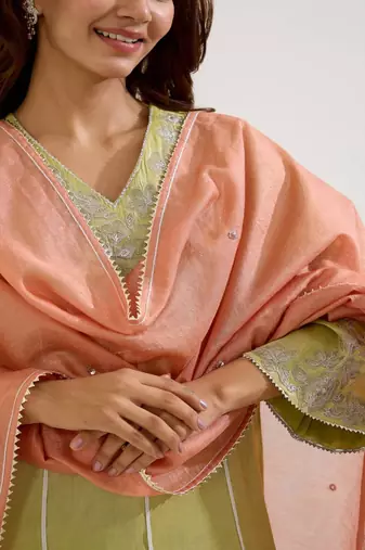 Lime embroidered tissue kurta set with dupatta