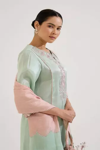 Mint green embroidered tissue kurta set with dupatta