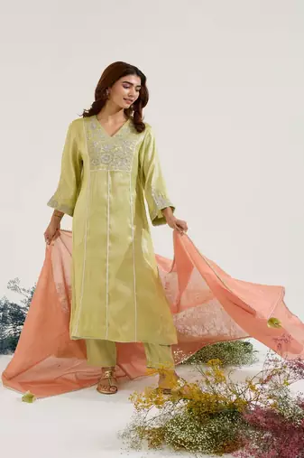 Lime embroidered tissue kurta set with dupatta