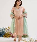 Pink embroidered tissue kurta set with dupatta