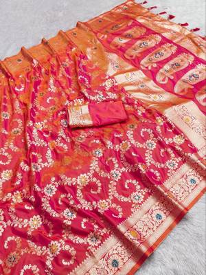 Pink soft Art silk saree with zari weaving meenakari design 1