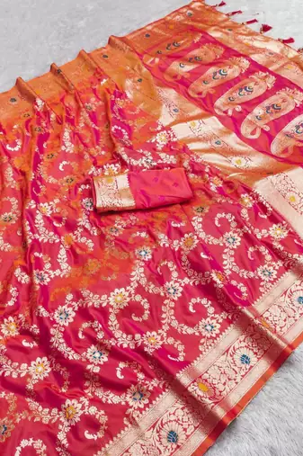 Pink soft Art silk saree with zari weaving meenakari design