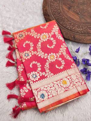 Pink soft Art silk saree with zari weaving meenakari design 2
