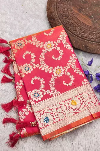 Pink soft Art silk saree with zari weaving meenakari design