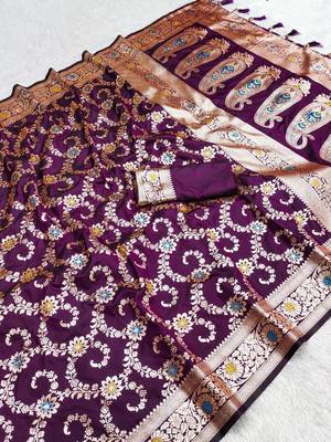 Wine soft Art silk saree with zari weaving meenakari design 1