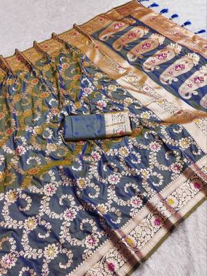Grey soft Art silk saree with zari weaving meenakari design 1