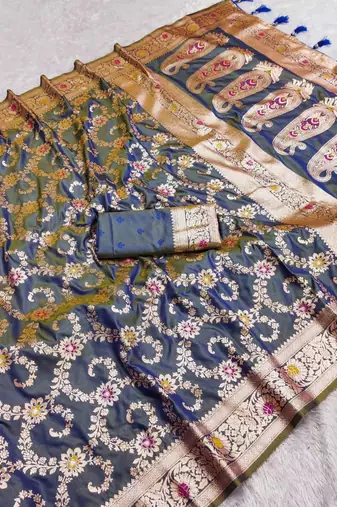 Grey soft Art silk saree with zari weaving meenakari design