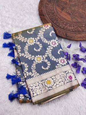 Grey soft Art silk saree with zari weaving meenakari design 2