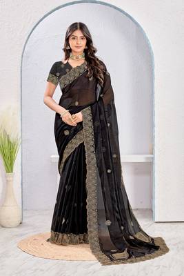 Black zari embroidery fendy silk blend party wear saree with embroidered blouse 1