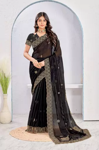 Black color zari embroidery fendy silk party wear saree with embroidered blouse