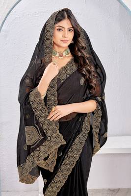 Black zari embroidery fendy silk blend party wear saree with embroidered blouse 2
