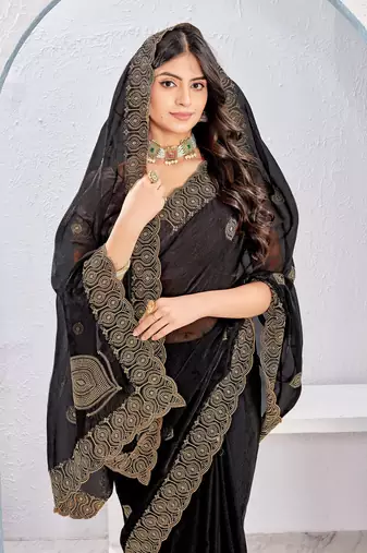 Black color zari embroidery fendy silk blend party wear saree with embroidered blouse