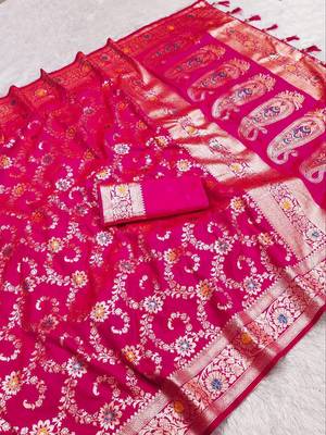 Pink soft Art silk saree with zari weaving meenakari design 1