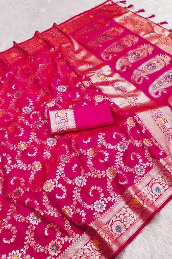 Pink soft Art silk saree with zari weaving meenakari design