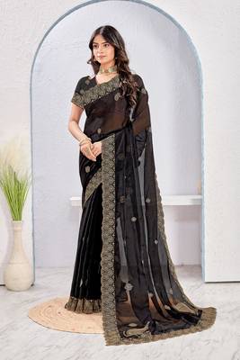 Black zari embroidery fendy silk blend party wear saree with embroidered blouse 3
