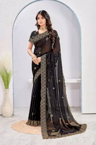 Black color zari embroidery fendy silk blend party wear saree with embroidered blouse