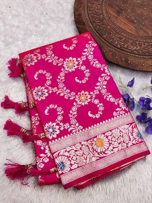 Pink soft Art silk saree with zari weaving meenakari design 2