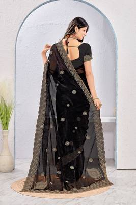 Black zari embroidery fendy silk blend party wear saree with embroidered blouse 4