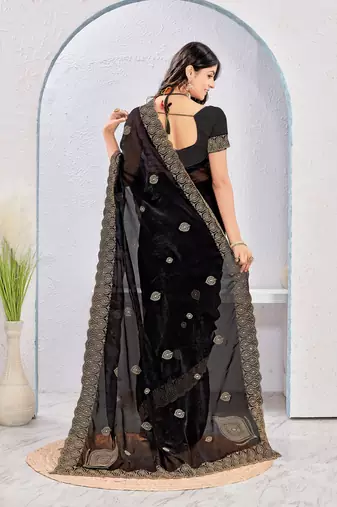 Black color zari embroidery fendy silk blend party wear saree with embroidered blouse