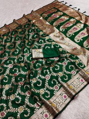Green soft Art silk saree with zari weaving meenakari design 1