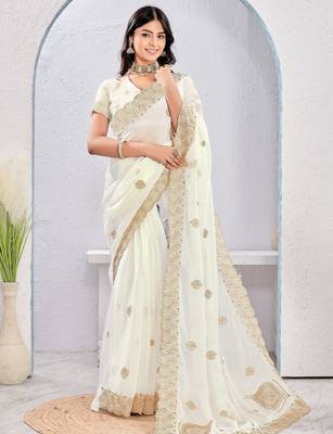 White color zari embroidery fendy silk blend party wear saree with embroidered blouse 1