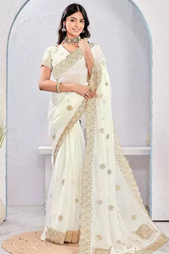 White color zari embroidery fendy silk party wear saree with embroidered blouse