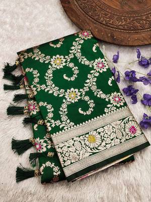 Green soft Art silk saree with zari weaving meenakari design 2