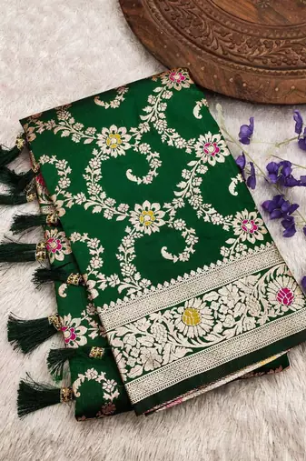 Green soft Art silk saree with zari weaving meenakari design