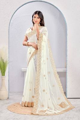 White color zari embroidery fendy silk blend party wear saree with embroidered blouse 3